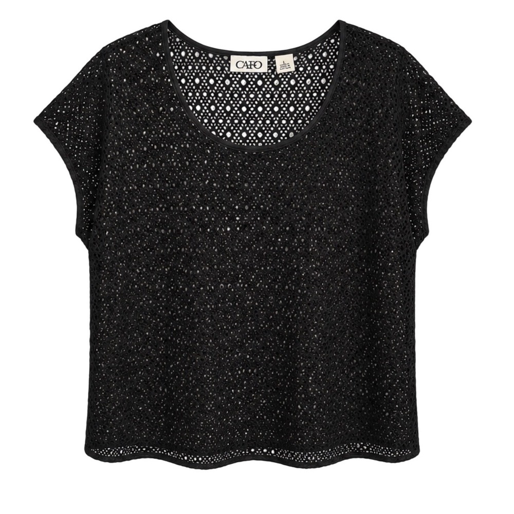 Cato‎ Womens Black Crochet Knit Short Sleeve Scoop Neck Blouse Top Large